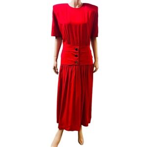 Vintage 80s David Benjamin Collection Red Maxi Dress Short Sleeves Fit M/L